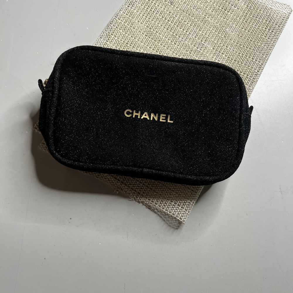 Chanel Beaute Black Glitter Makeup Bag VIP Gift Cosmetic Pouch Gold Logo